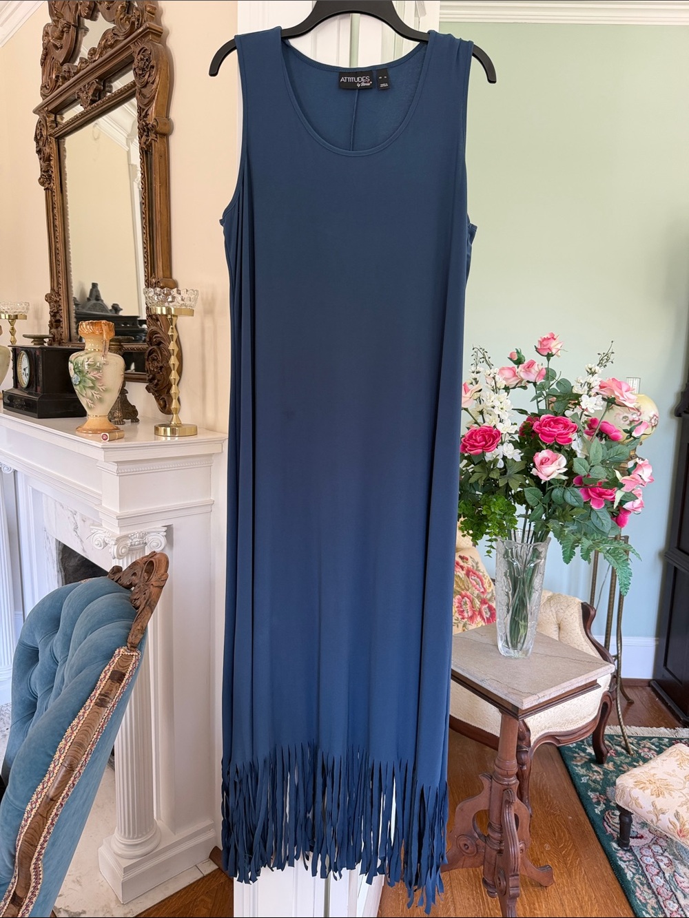 Attitudes by Renee Blue Sleeveless Fringe-Hem Midi Dress, size XL